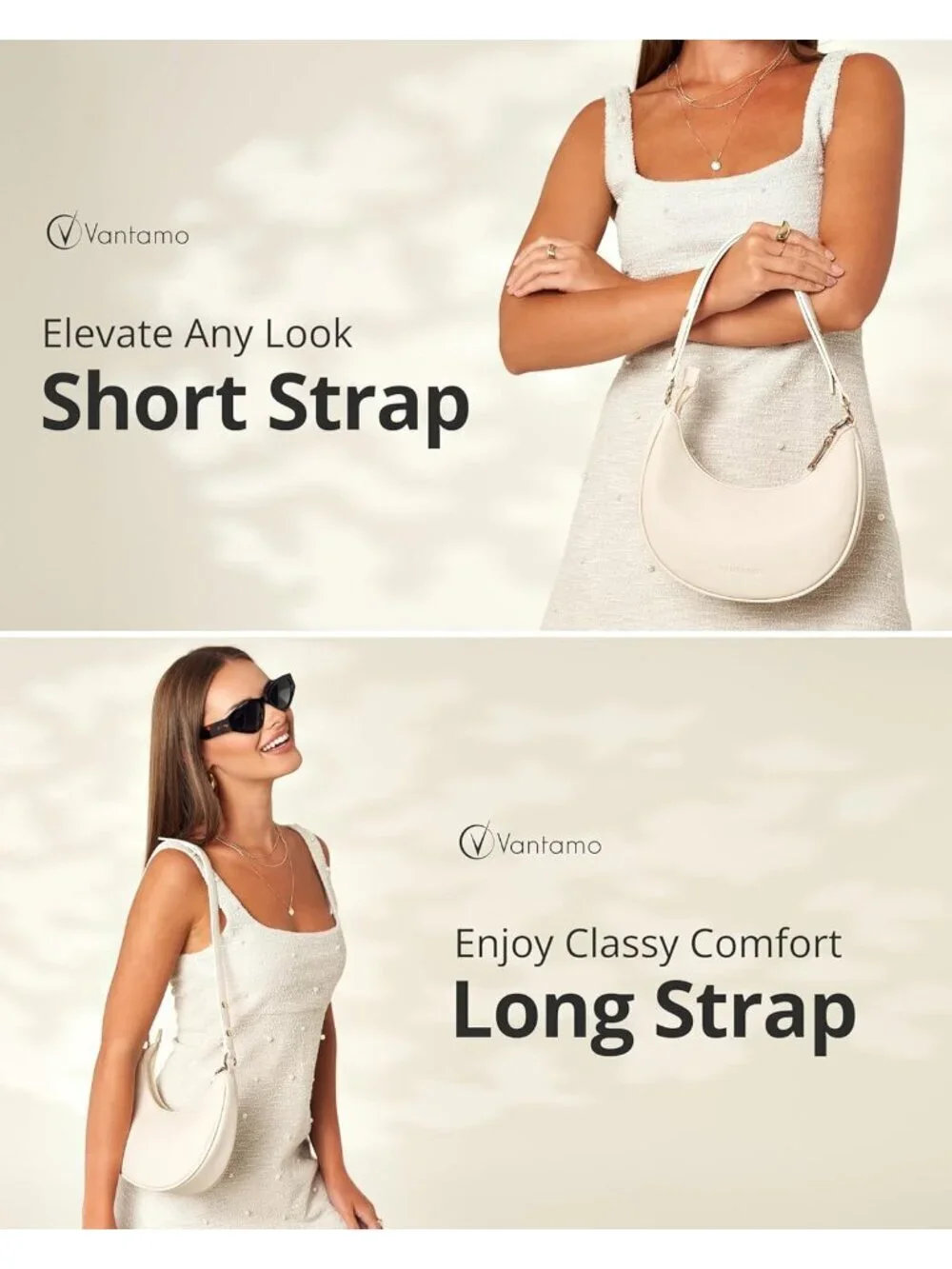 Vantamo Women's Bag White Half Moon Clutch with Anti-Theft Clip for Extra Safety